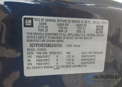 2011 GMC Sierra 1500 Sle из США, поврежденный, VIN 3GTP2VE35BG243794